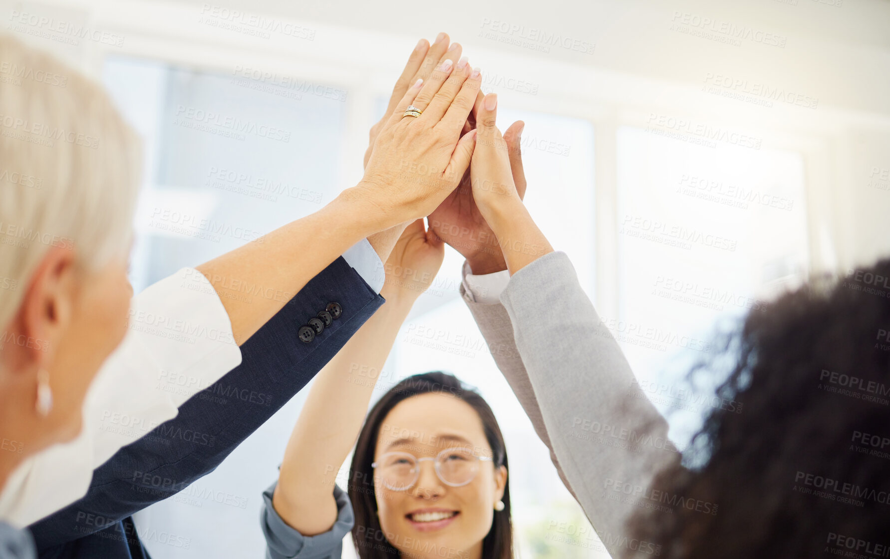 Buy stock photo High five celebration, happy and business people excited for achievement, corporate success or company growth. Team building hands, happiness and professional group celebrate teamwork collaboration