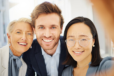 Buy stock photo Portrait, smile and selfie of happy business people, team or corporate group for workplace memory picture. Diversity face, staff and social media photo for about us, project collaboration or teamwork