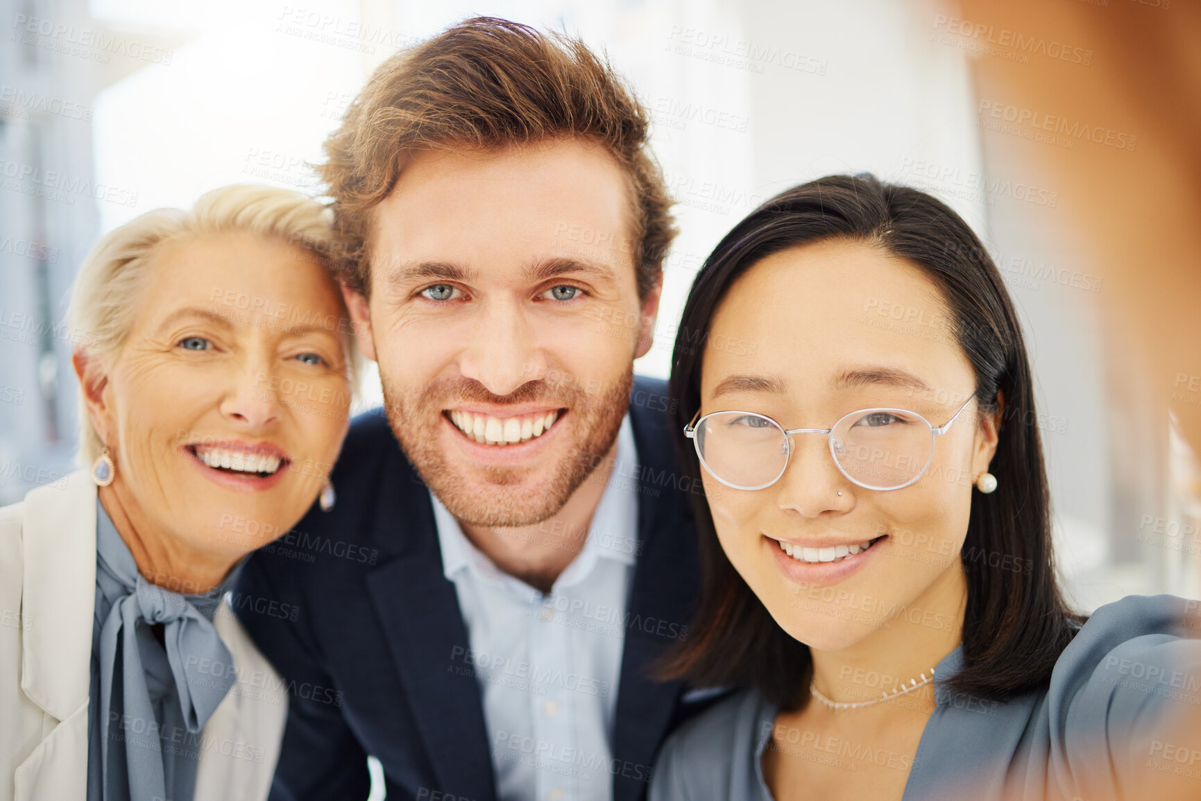 Buy stock photo Portrait, smile and selfie of happy business people, team or corporate group for workplace memory picture. Diversity face, staff and social media photo for about us, project collaboration or teamwork