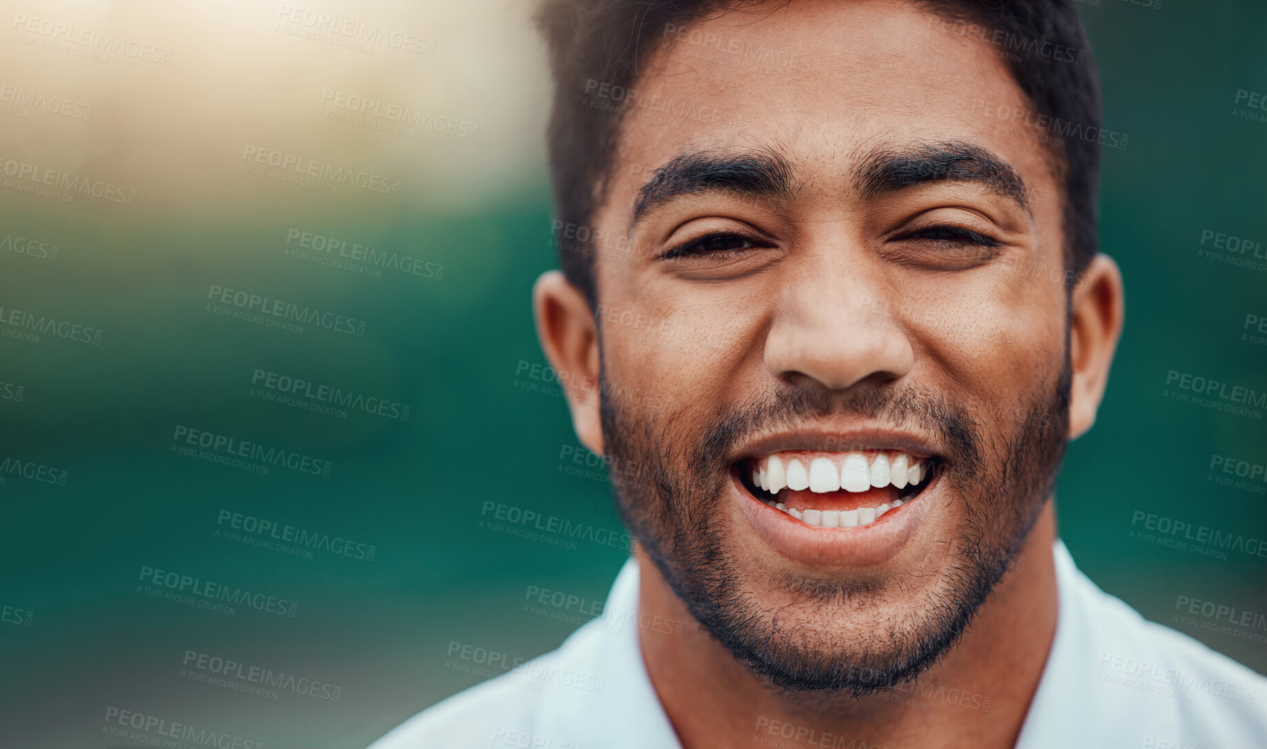 Buy stock photo Sports, closeup and portrait of happy man with fitness mindset, confidence and mockup space. Workout goals, smile and face of male athlete with motivation for health, wellness and zoom on happiness.