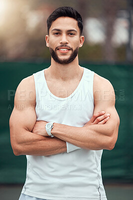 Buy stock photo Sports, tennis court and portrait of happy man with arms crossed, fitness mindset and confidence in game. Workout goal, pride and confident male athlete with motivation for health, wellness and sport