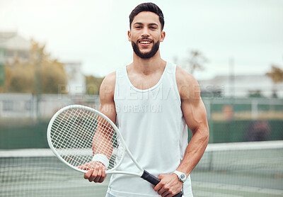 Buy stock photo Fitness, tennis and portrait of man with racket, sport mindset and confidence for happy game on court. Workout goals, pride and happiness, male athlete with motivation for health, wellness and sports