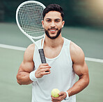 Portrait of smiling mixed race tennis player holding racket and ball on court. Happy fit confident hispanic professional standing alone in a sports club. Ready for an athletic match and healthy game