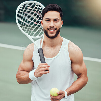 Buy stock photo Portrait of happy man with racket, tennis ball and smile, fitness mindset and confidence for game on court. Workout goals, pride and happiness, male athlete with motivation for health and wellness.