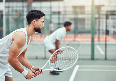 Buy stock photo Man, tennis and team is ready on a court for game and exercise with wellness in india. Male athlete, together and racket competition with fitness for a challenge with a workout in the outdoor.