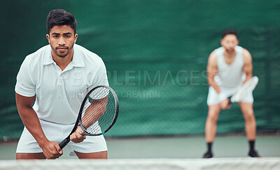Buy stock photo Man, team and portrait on a tennis court for competition and wellness for health in india. Male athlete, racket and together for a game in the outdoor at a sports club for training with challenge.