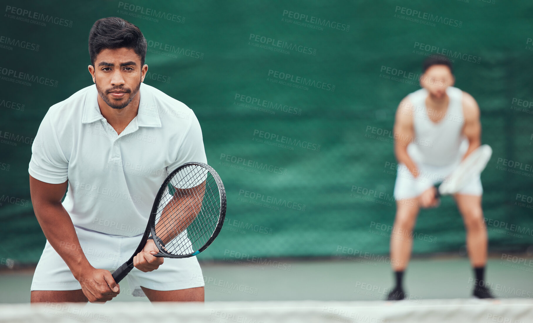 Buy stock photo Man, team and portrait on a tennis court for competition and wellness for health in india. Male athlete, racket and together for a game in the outdoor at a sports club for training with challenge.