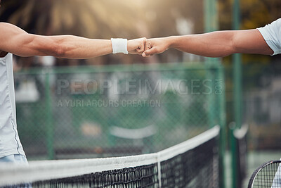 Buy stock photo Man, hands and fist bump in tennis for partnership, sports motivation or competitive game on court. Hand of men touching fists for teamwork, respect or support for sport training, fitness or workout