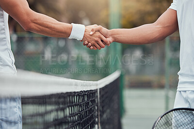 Buy stock photo Man, tennis and handshake for fitness, partnership or deal in competition or game on court. Hand of men or friends shaking hands for sports training, teamwork or support friendship in match agreement