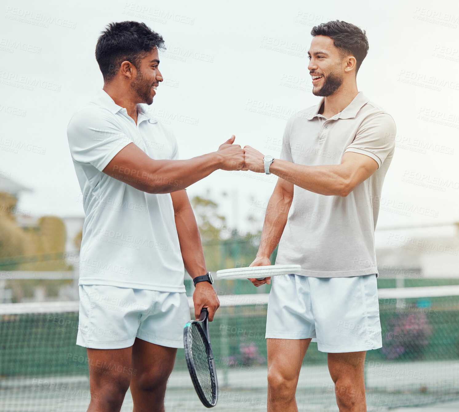 Buy stock photo Happy man, friends and fist bump in tennis for teamwork, sports motivation or competitive game on the court. Men touching fists of team player in respect, support or sport training in fitness workout