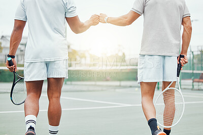 Buy stock photo Man, hands and fist bump in tennis for teamwork, sports motivation or competitive game on the court. Hand of men touching fists in team player respect, support or sport training for fitness workout