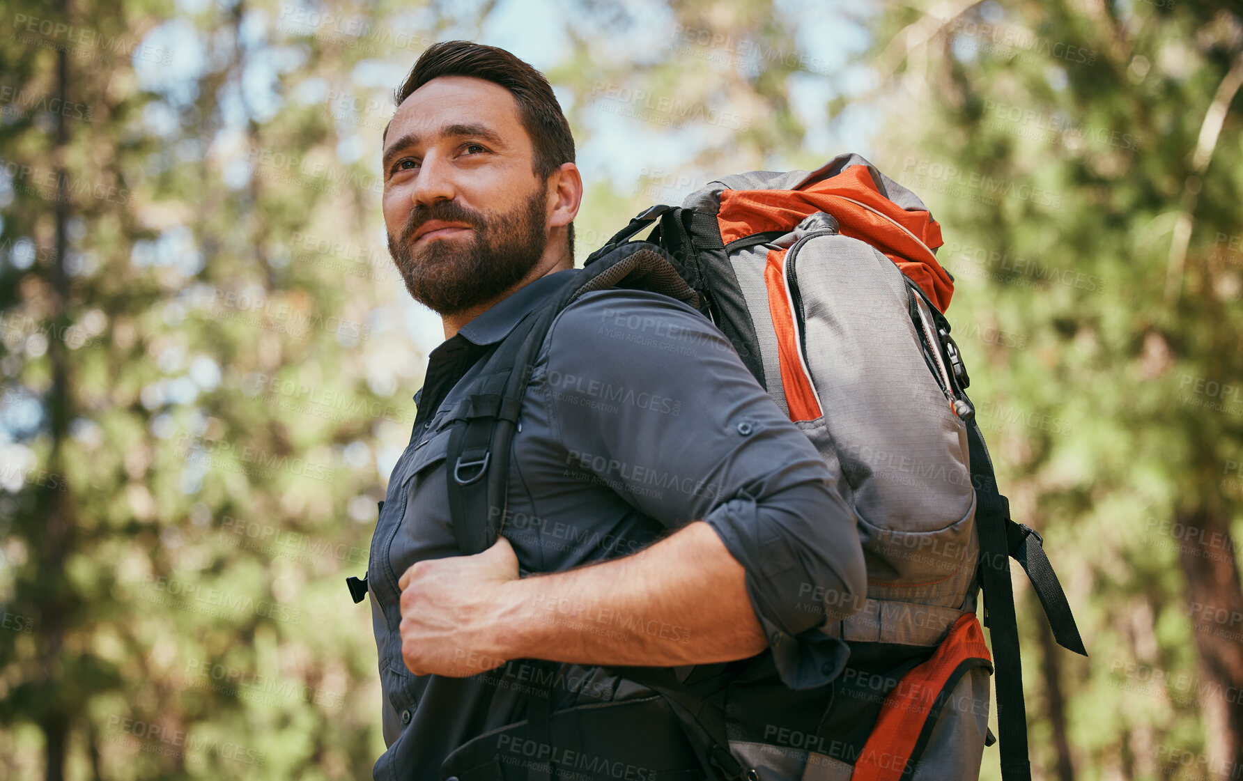 Buy stock photo One happy mature caucasian man carrying a backpack and hiking alone in the woods during the day. Fit and active male enjoying a trek, exercise and adventure while exploring the beauty of nature alone