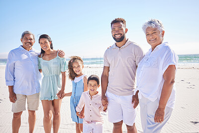 Buy stock photo Happy family, grandparents portrait or children at sea holding hands to relax on holiday together. Dad, mom or kids siblings love bonding or smiling with grandmother or grandfather on beach sand 