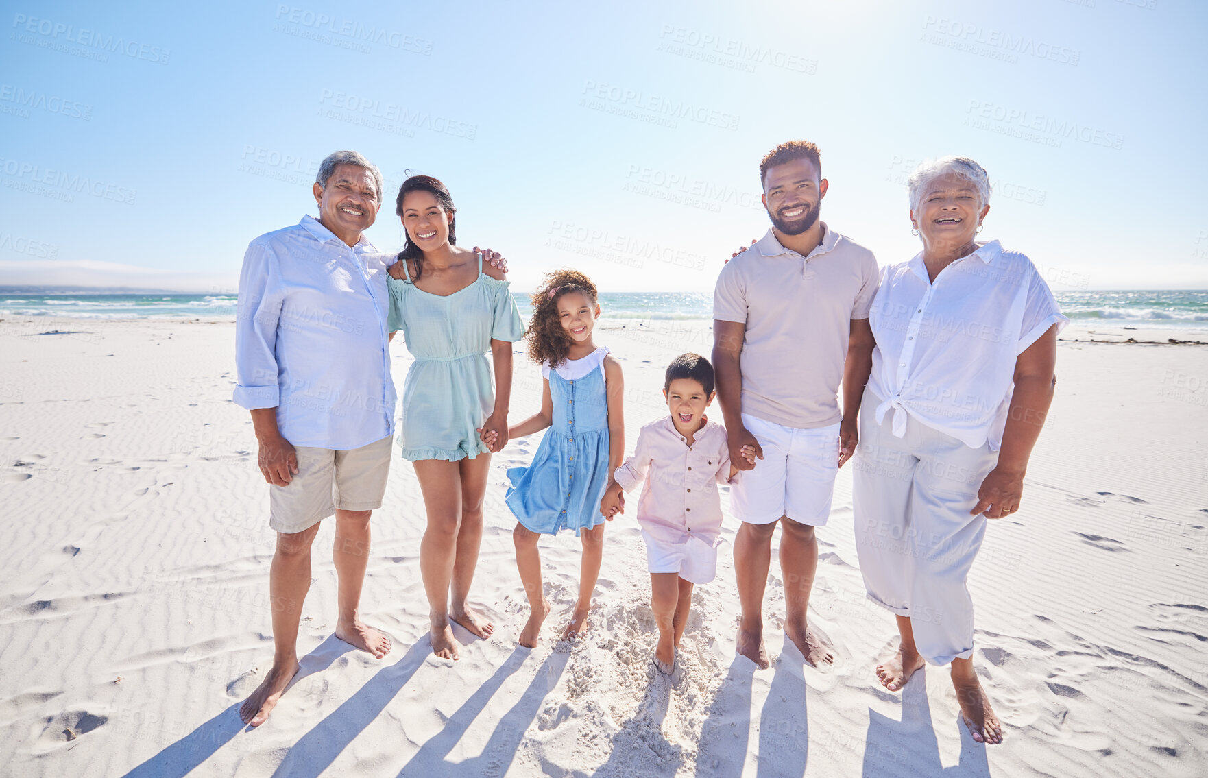 Buy stock photo Big family, grandparents portrait or happy children at sea holding hands to relax on holiday together. Dad, mom or kids siblings love bonding or smiling with grandmother or grandfather on beach sand