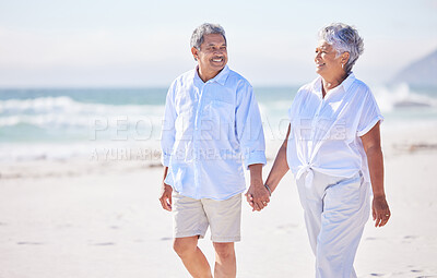 Buy stock photo Holding hands, beach or happy old couple walking in summer with happiness, trust or romance. Lovers, smile or senior man enjoying bonding time with mature woman taking a walk on sand at sea or ocean