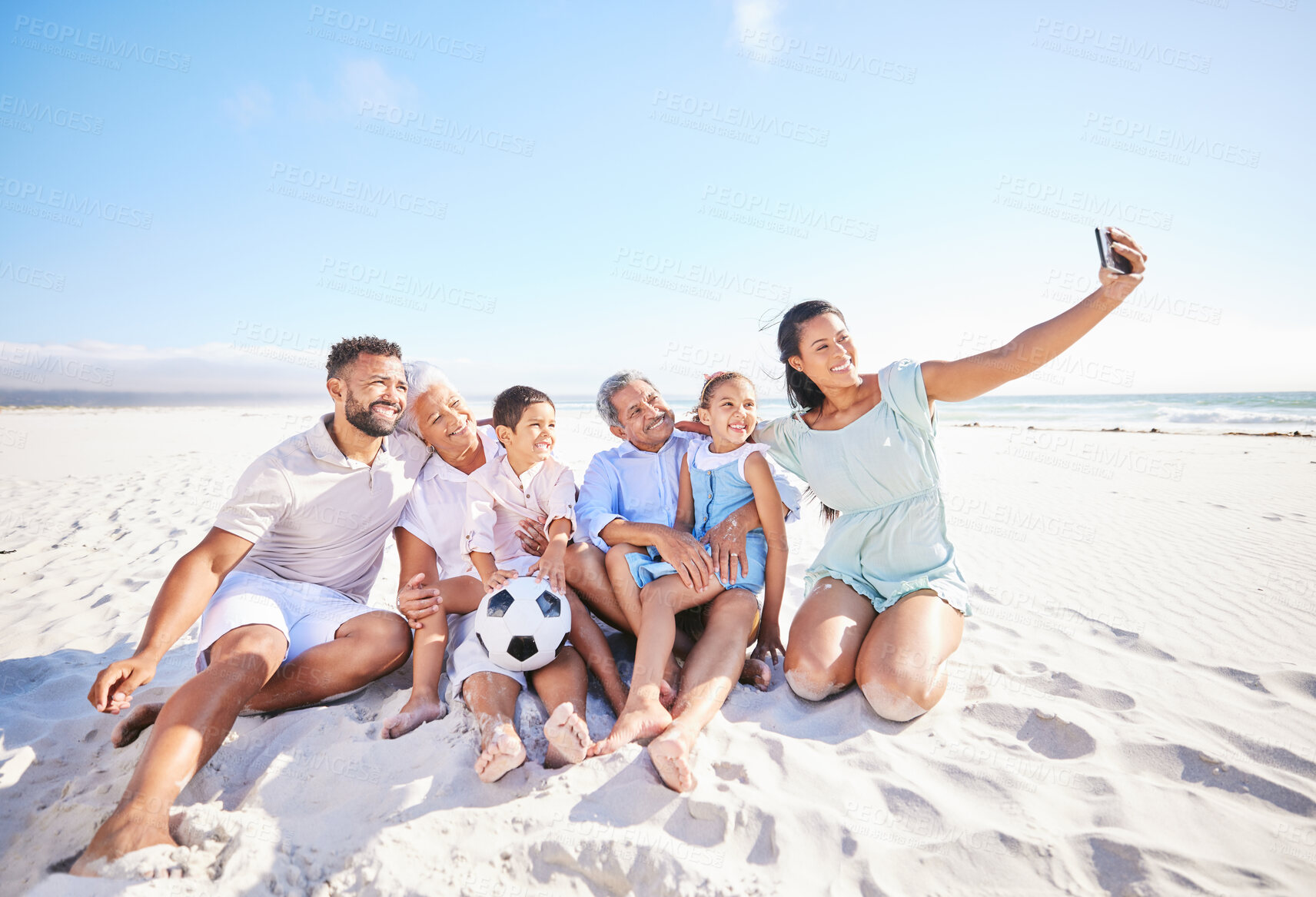 Buy stock photo Family relax on beach sand, selfie and generations, tropical vacation in Mexico with travel and trust outdoor. Grandparents, parents and kids, happy people on adventure and tourism, smile in picture