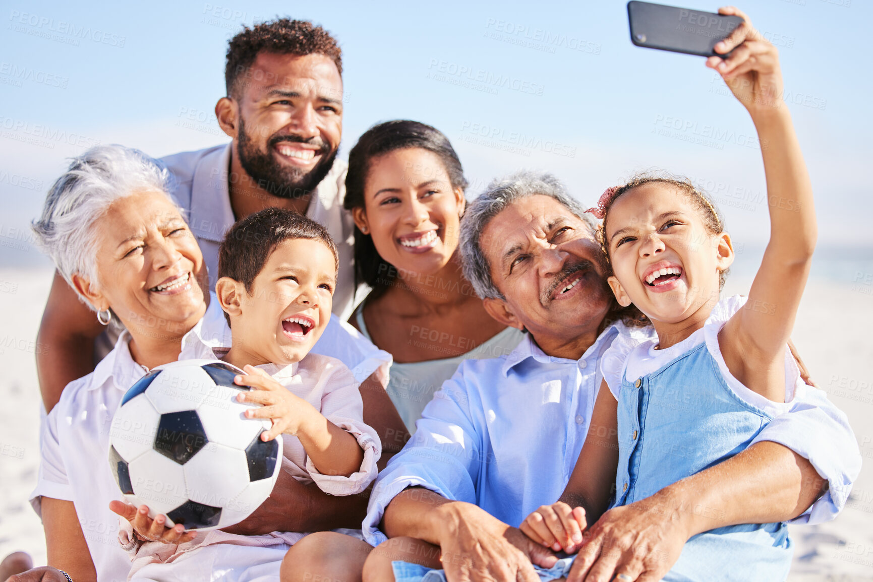 Buy stock photo Big family, grandparents or happy kids take a selfie at beach bonding together on holiday in Mexico. Social media, mom or grandfather relaxing with grandmother or children siblings taking pictures 