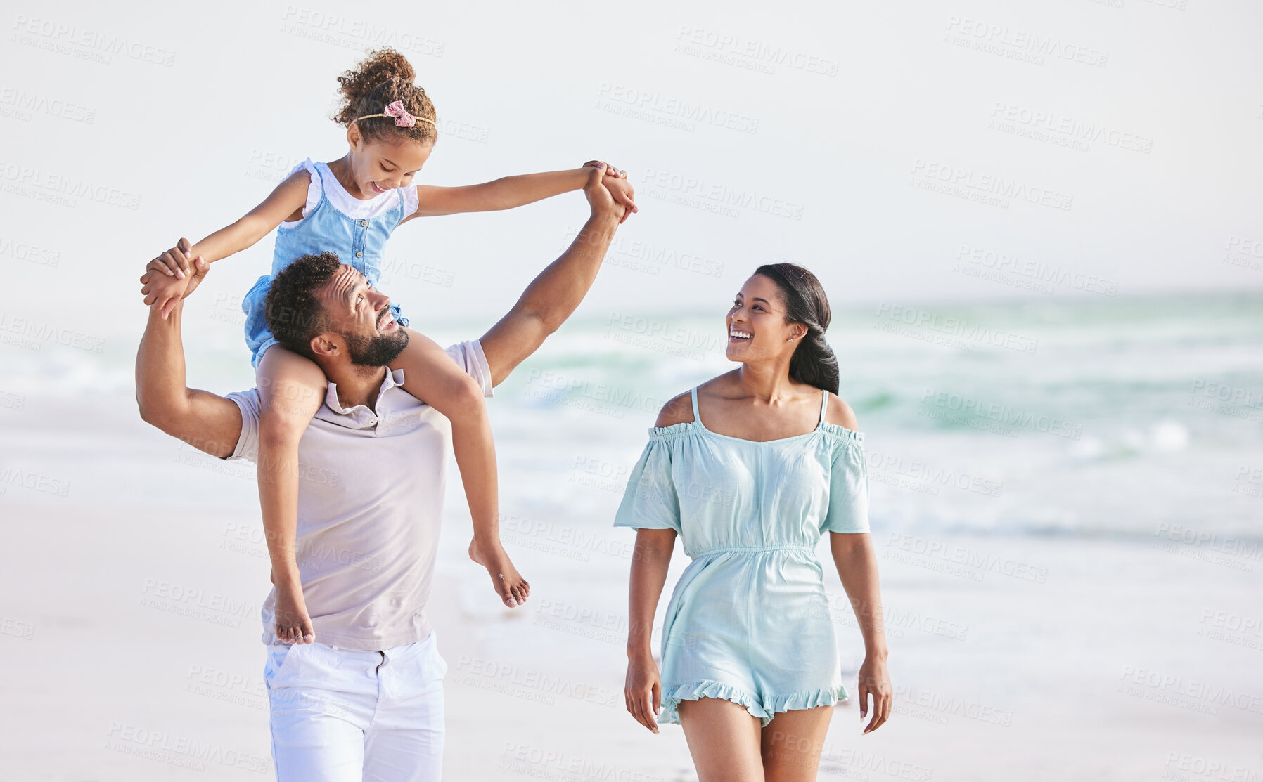 Buy stock photo Holding hands, beach or parents walking with a happy kid for a holiday vacation together with happiness. Piggyback, mother and father playing or enjoying family time with a young boy or kid in summer