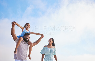 Buy stock photo Piggyback, beach or parents walking with a girl for a holiday vacation together with happiness in summer. Holding hands, mother and father playing or enjoying family time with a happy child or kid 