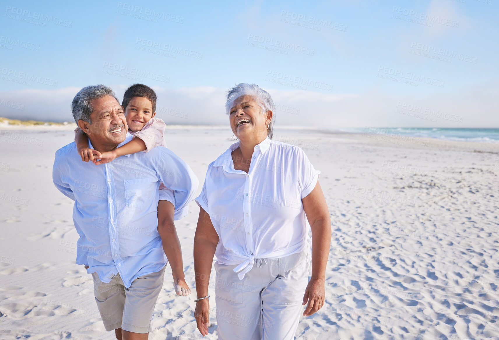 Buy stock photo Family, grandparents laughing and child on beach, travel and piggyback, love and vacation with mockup space. Senior people with boy, funny conversation with tourism in Mexico and bonding together