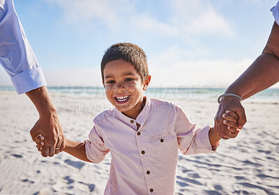 Buy stock photo Holding hands, beach or portrait of a happy kid walking on a holiday vacation together with happiness. Parents, mother and father playing or enjoying family time with a young boy or child in summer 