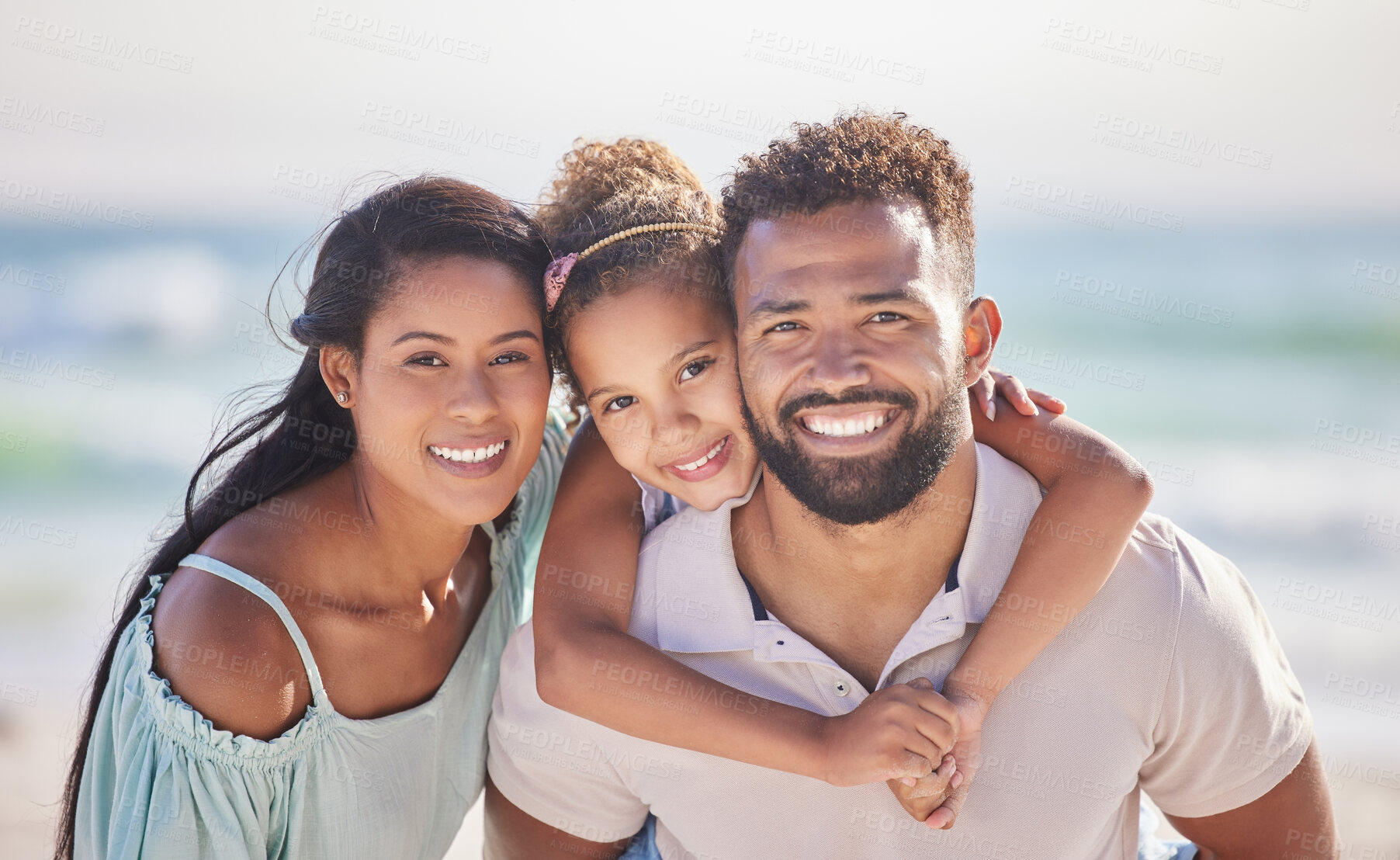 Buy stock photo Mother, beach or portrait of father with child on happy family holiday, vacation or weekend together. Piggyback, mom or dad smiling or bonding with child, daughter or kid at seaside with happiness 