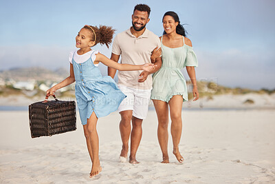 Buy stock photo Happy family, parents or child walking on beach to relax on fun holiday vacation or picnic together. Dad, mom or excited young girl bonding, smiling or holding basket outdoors in summer at seashore 