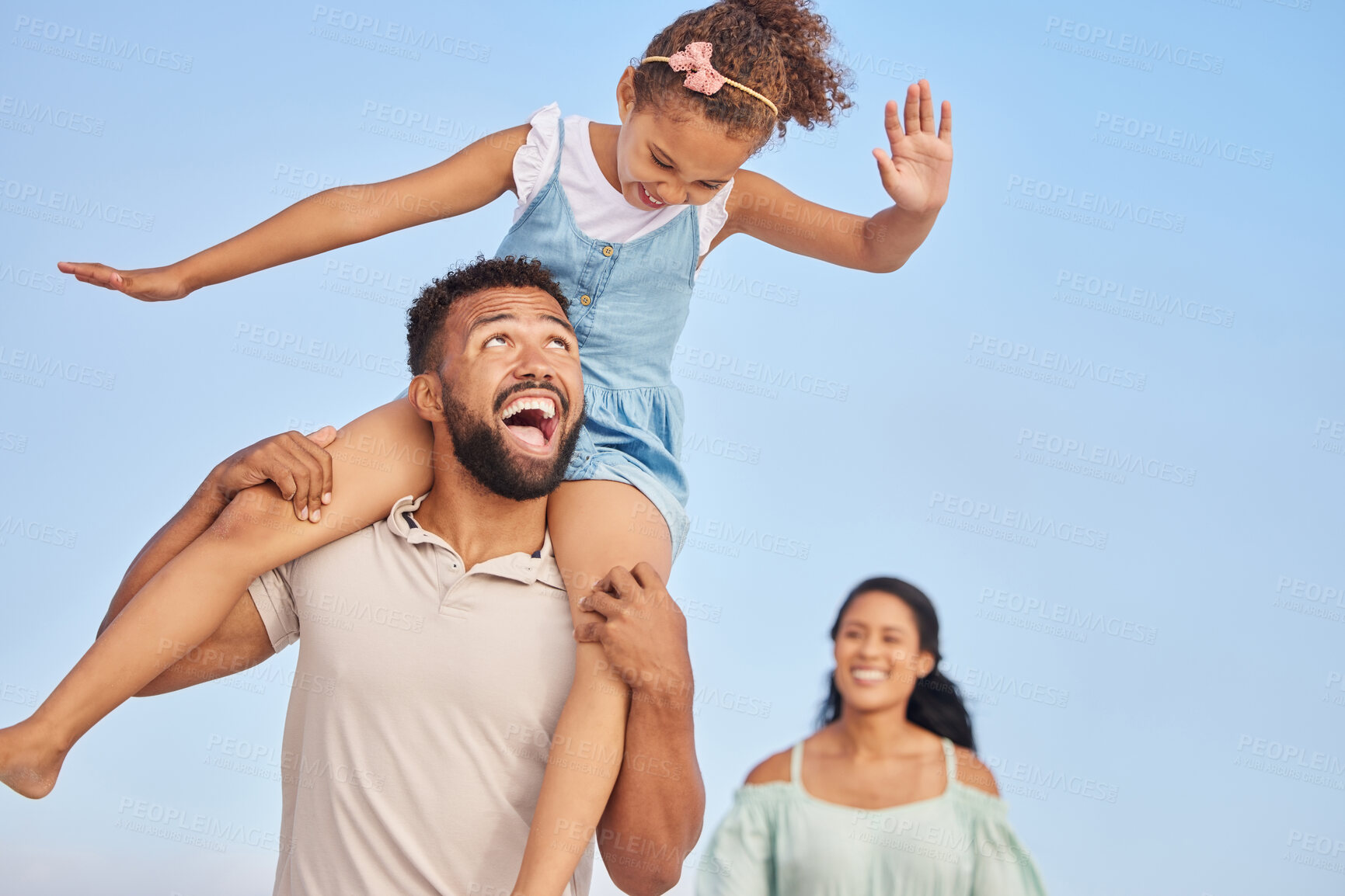 Buy stock photo Smile, parents or kid walking on beach to relax on happy family holiday or fun summer vacation together. Lovely dad, shoulder or excited young girl bonding, smiling or enjoying quality time with mom