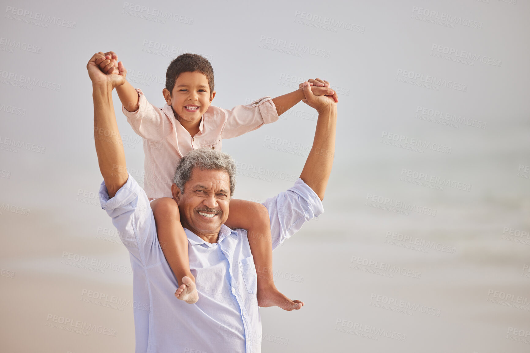 Buy stock photo Piggyback, portrait or grandfather with child at sea as a happy family outdoors in nature together. Face, play or lovely grandparent with young boy or kid outside with freedom on fun summer holiday 