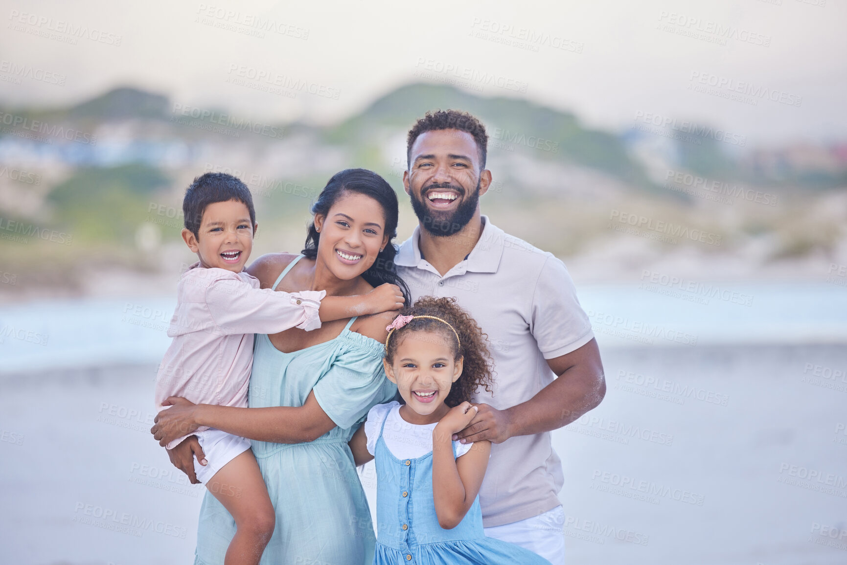 Buy stock photo Family, parents or portrait of happy kids on beach to travel with joy, smile or love on holiday vacation. Mom, siblings or father with children for tourism in Mexico with happiness bonding together