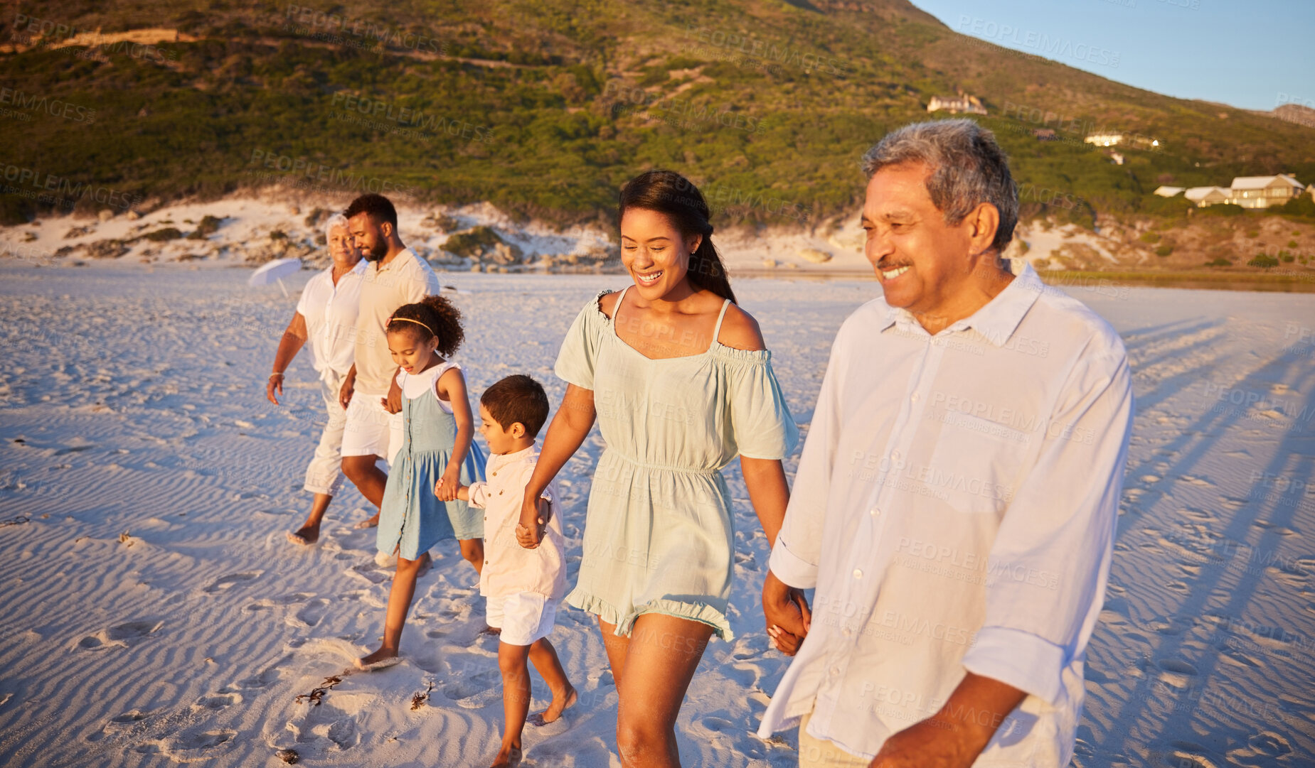 Buy stock photo Big family, holding hands or happy kids at sea walking with grandparents on holiday vacation together. Dad, mom or children siblings bonding or smiling with grandmother or grandfather on beach sand 