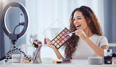 Buy stock photo Makeup pallet, influencer and happy woman streaming tutorial for beauty, skin and broadcast for cosmetics. Live stream, filming and content creator, make up artist vlogging with color and skincare.
