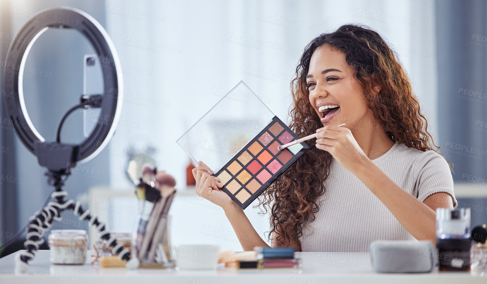 Buy stock photo Makeup pallet, influencer and happy woman streaming tutorial for beauty, skin and broadcast for cosmetics. Live stream, filming and content creator, make up artist vlogging with color and skincare.