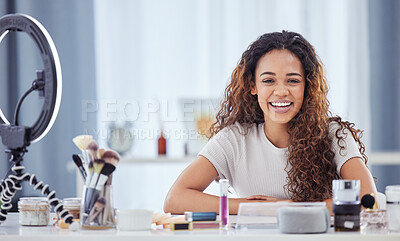 Buy stock photo Makeup influencer, smile and portrait of happy woman streaming tutorial for beauty, cosmetics and broadcast. Live stream, happiness and face of content creator or make up artist with cosmetic vlog.