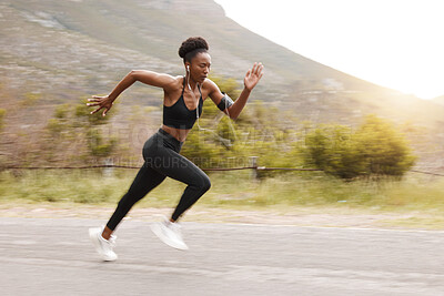 Buy stock photo Athlete, fitness and fast black woman running and training for outdoor sports, workout and exercise for a marathon. Strong, wellness and healthy female person or runner with speed for health