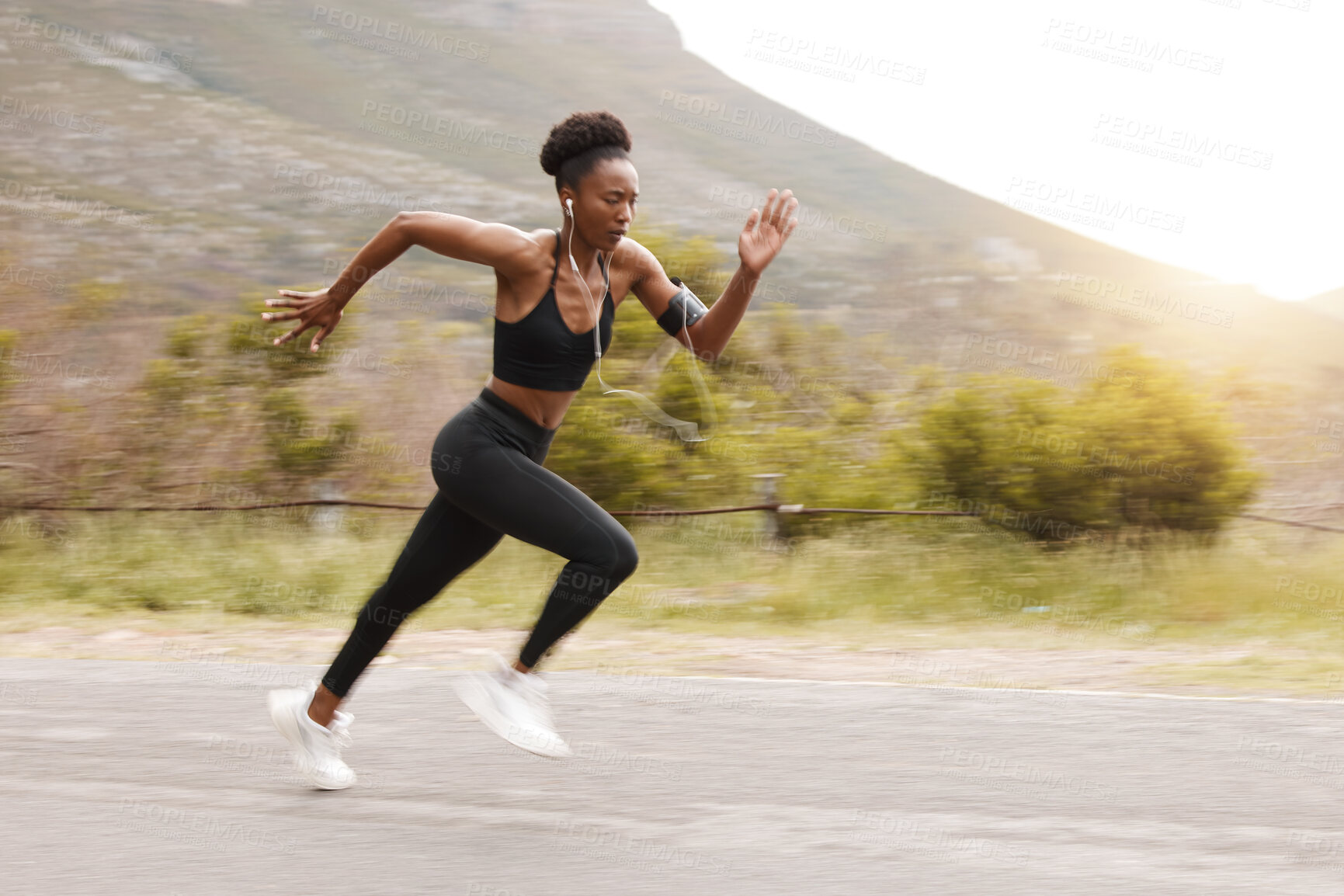 Buy stock photo Athlete, fitness and fast black woman running and training for outdoor sports, workout and exercise for a marathon. Strong, wellness and healthy female person or runner with speed for health