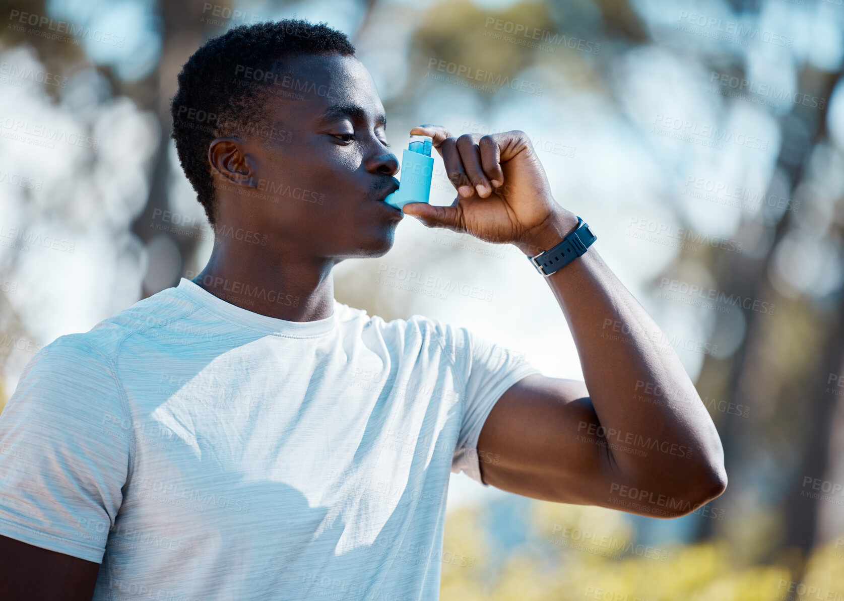 Buy stock photo Man, outdoor and asthma inhaler to breathe with allergies, asma or lungs problem while running. Black male runner with emergency medicine pump for health and breathing in a spring forest in nature 