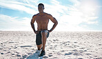 Fit young black man doing lunge exercises on sand at the beach in the morning. One muscular male bodybuilder athlete with six pack abs doing bodyweight workout to build strong core, tone and endurance