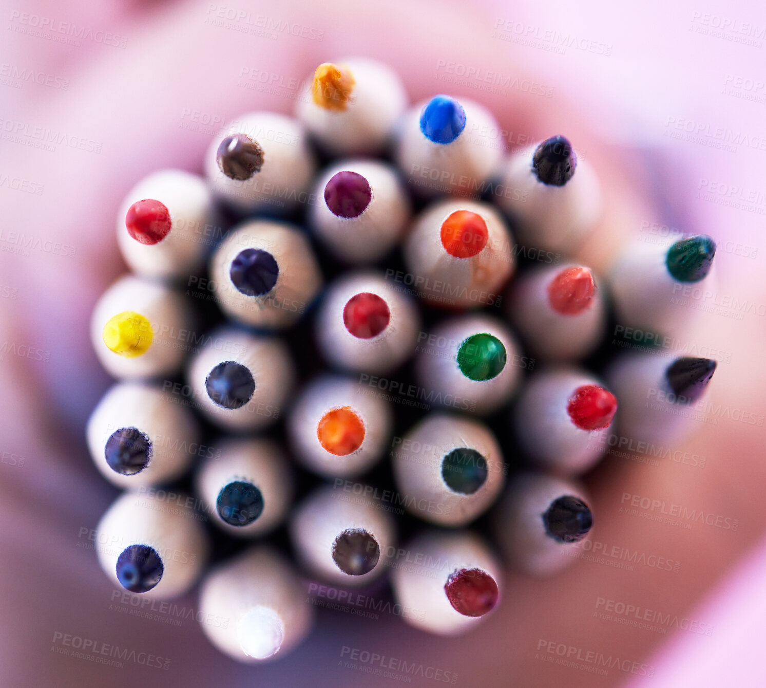 Buy stock photo Pencil zoom, color and stationery with school or art supplies top view, drawing with education and creative writing tools. Creativity, rainbow and colorful close up, artistic instrument and learning