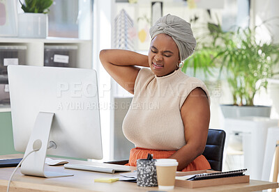 Buy stock photo Tired, office or black woman with neck pain injury, burnout or bad ache in a business or company desk table. Posture problems, upset or injured female worker frustrated or stressed by muscle tension