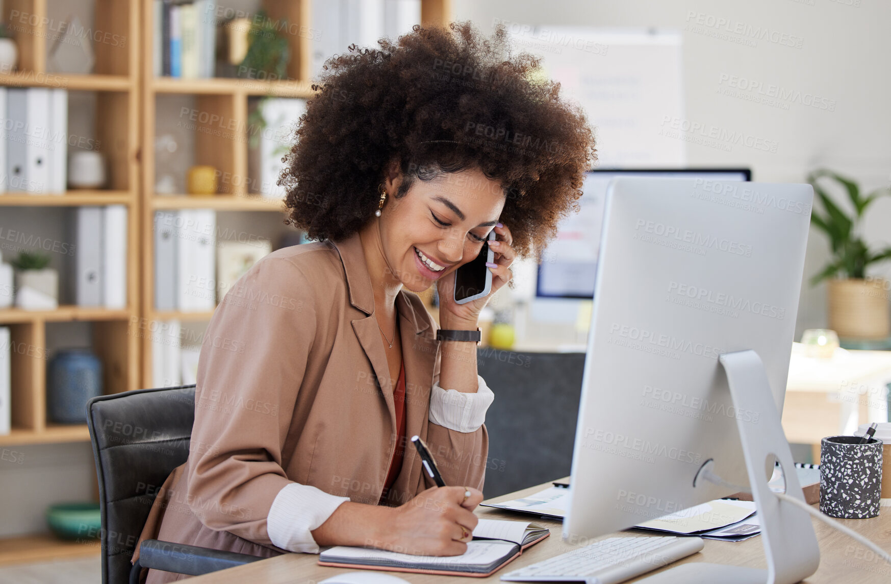 Buy stock photo Notebook, phone call or business woman writing report ideas in a diary or journal for time management schedule. Agenda strategy, documents or happy girl planning a reminder for an office appointment