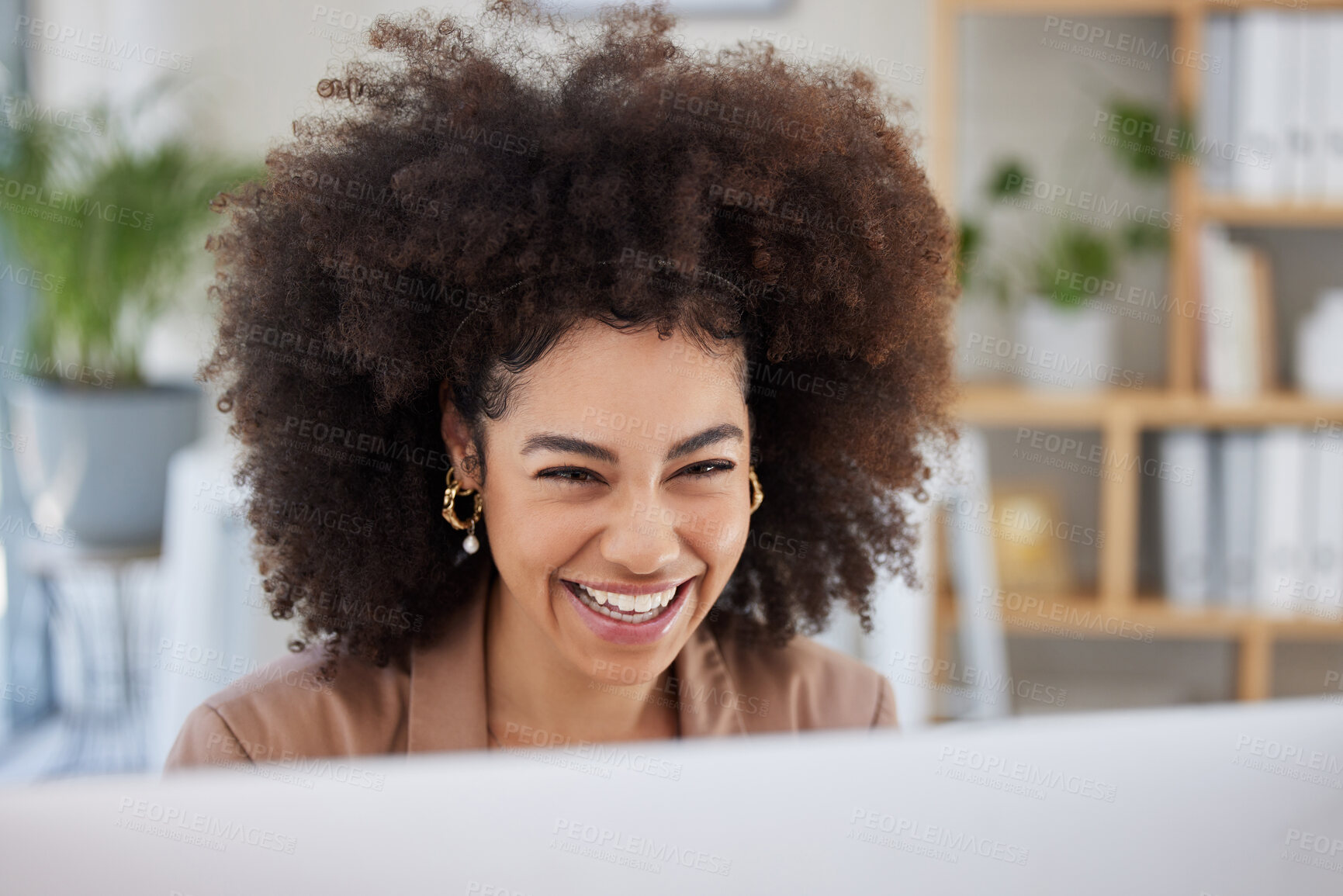 Buy stock photo Business, computer or happy woman laughing at meme on social media or relaxing break at workplace. Face, crazy feedback or biracial girl journalist smiling or writing funny blog or comedy articles