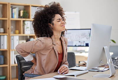 Buy stock photo Back pain, stress and woman working on computer with medical, healthcare and muscle problem for office burnout. Fatigue, frustrated and biracial person or business employee with spine risk in chair