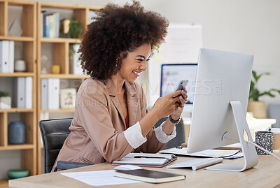 Buy stock photo Office, phone or happy woman laughing at meme on social media or relaxing break at workplace. Smile, crazy comic content or biracial girl journalist smiling or reading a funny blog or comedy articles