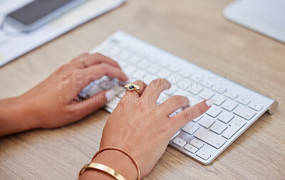 Buy stock photo Hands, journalist or woman typing on computer working on email or research project on keyboard. Technology closeup, online business feedback or girl writing blog report, agenda or internet articles