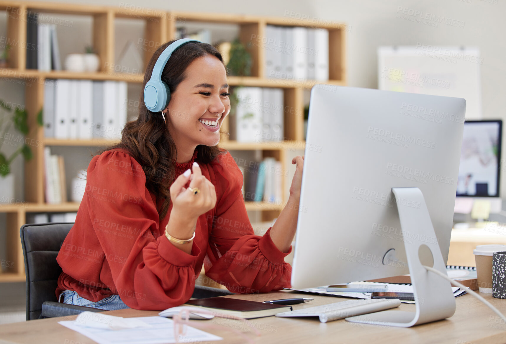 Buy stock photo Office, computer or happy woman laughing at meme on social media or relaxing break at workplace. Headphones, streaming or crazy girl journalist smiling at funny blog or comedy on internet articles 