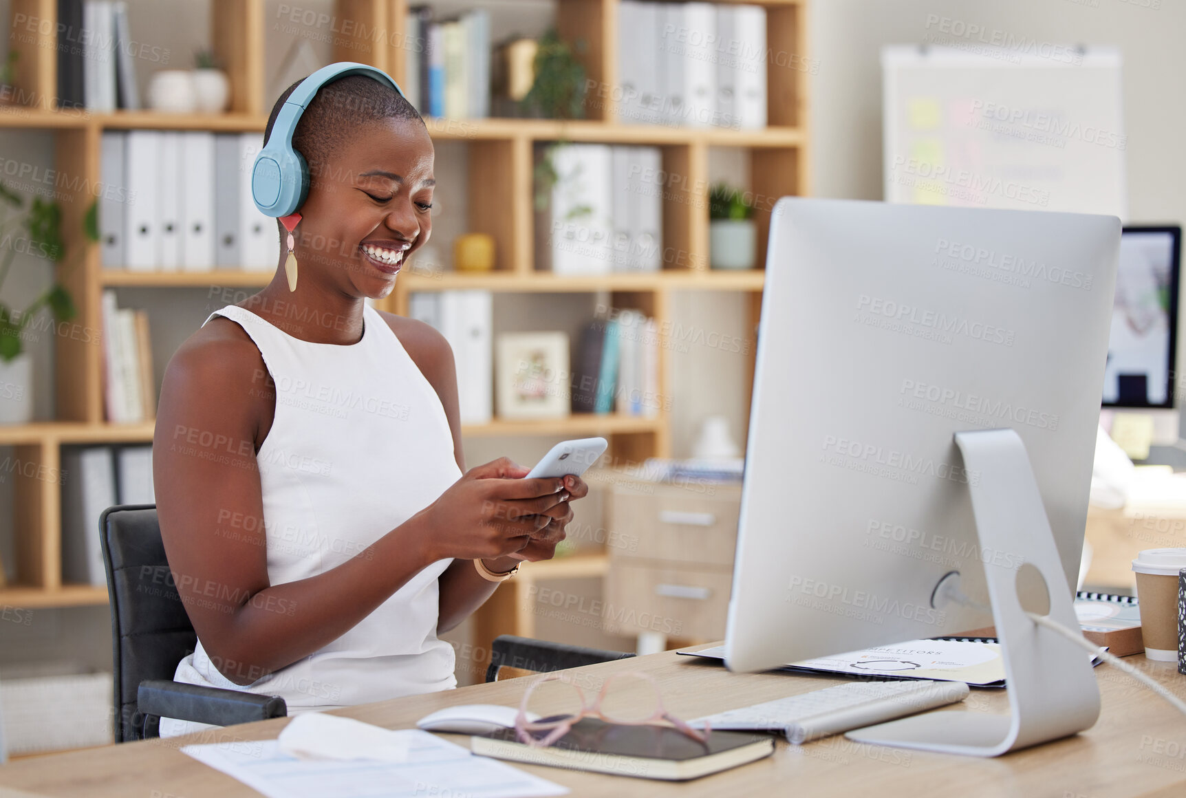 Buy stock photo Headphones, mobile or happy black woman in office on social media to relax online on a break. Scroll, podcast or girl journalist texting, typing or searching for chat blogs, news or streaming music 