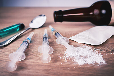 Buy stock photo Powder, syringe and drugs with spoon on table for alcohol addiction, drug rehabilitation and narcotics abuse. Medicine, illegal products and drug problem for meth, cocaine and heroin solution 