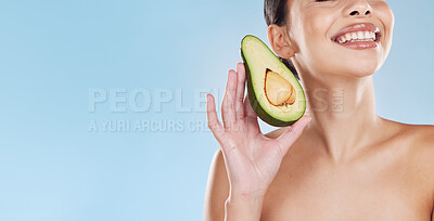 Buy stock photo Avocado skincare, woman beauty and natural cosmetic wellness in healthy diet, feminine results and clean glowing skin on mockup blue background. Bodycare, nutrition and model, grooming and fresh face