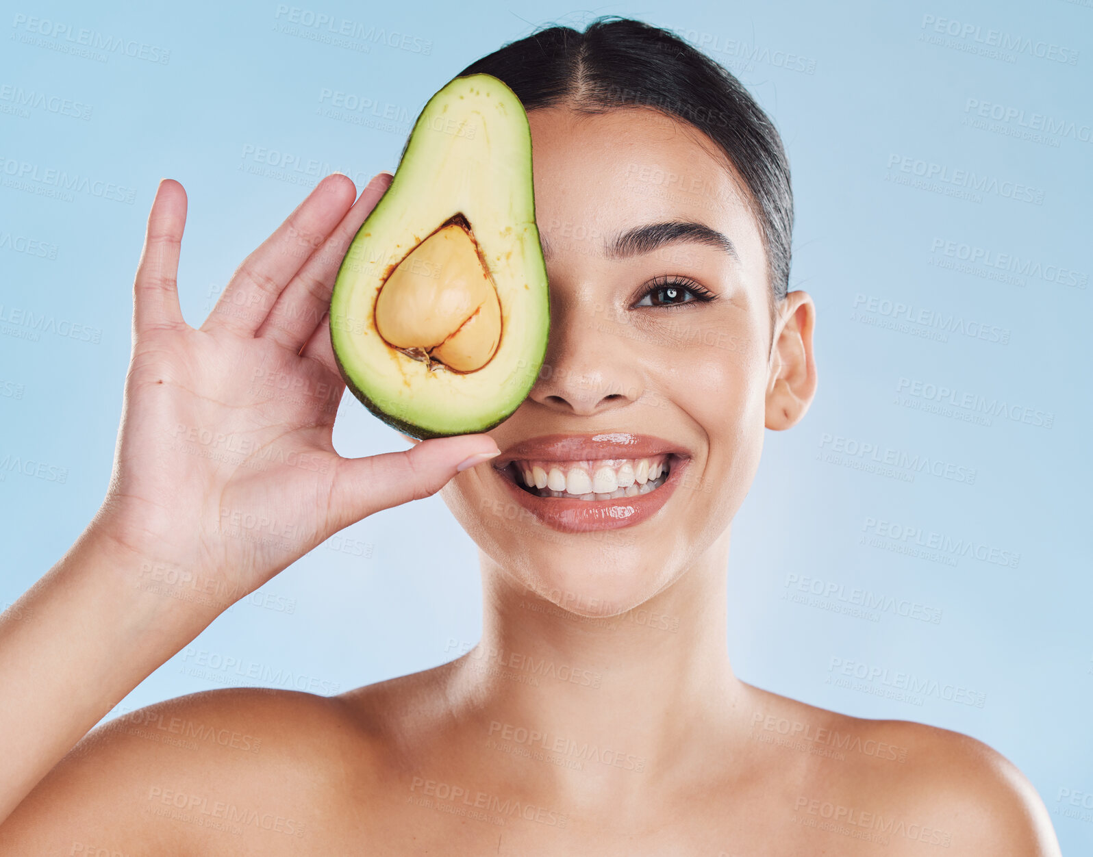 Buy stock photo Avocado skincare, beauty and clear skin routine for wellness and health with natural ingredients for glowing results. Portrait, smile and face of young model happy with organic spa treatment